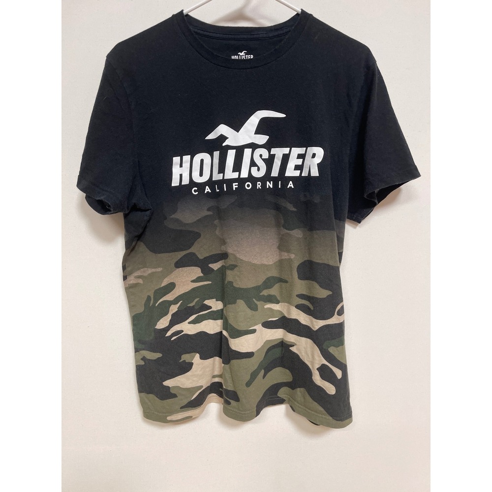 Hollister California Mens Large Black Camo Ombre Graphic T-Shirt Logo Cotton Tee